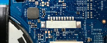Laptop computer circuitry on blue motherboard